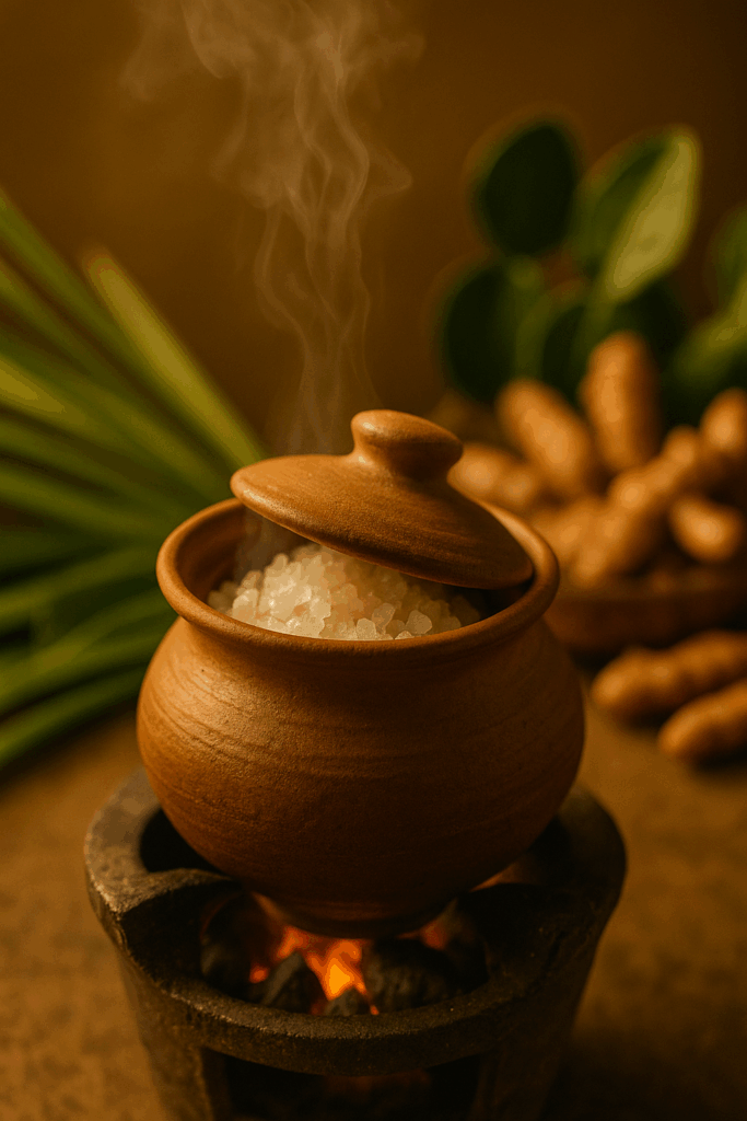 ภาพระยะใกล้ของหม้อดินเผาแบบไทยที่บรรจุเกลือเม็ดใหญ่ มีไอร้อนลอยขึ้น วางอยู่บนเตาถ่าน พร้อมสมุนไพรพื้นบ้านอยู่ด้านหลัง บรรยากาศอบอุ่นในสไตล์สปาไทย