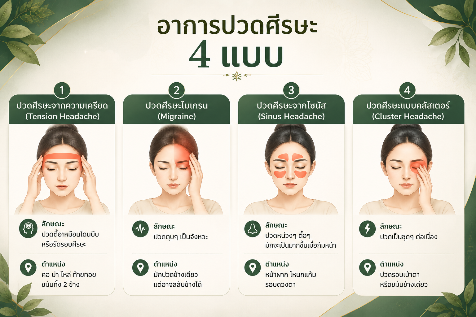 อาการปวดศีรษะ 4 แบบ ได้แก่ ปวดศีรษะจากความเครียด ไมเกรน ไซนัส และคลัสเตอร์ พร้อมตำแหน่งการปวดที่พบบ่อย