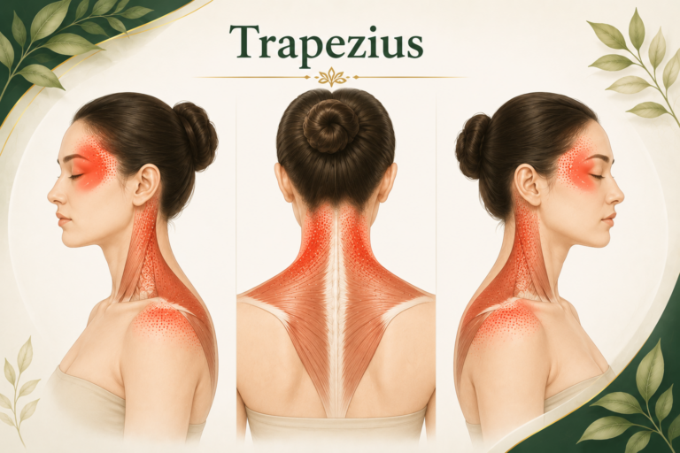 Trapezius trigger point ทำให้ปวดต้นคอ ร้าวขึ้นศีรษะ ขมับ และกระบอกตา