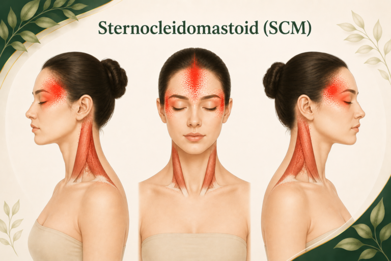 Sternocleidomastoid SCM trigger point ทำให้ปวดหน้าคอ ร้าวไปกลางศีรษะ ขมับ และกระบอกตา