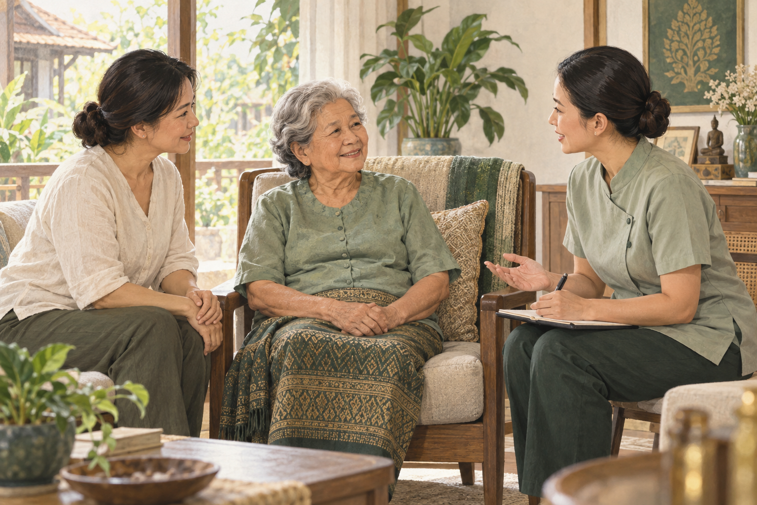 ผู้สูงอายุและครอบครัวพูดคุยกับผู้ให้บริการด้านสุขภาพที่บ้าน